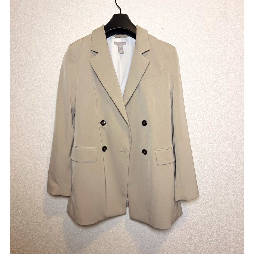 H&M Beige Double-Breasted Crepe Long Blazer Jacket Lined Womens Size S